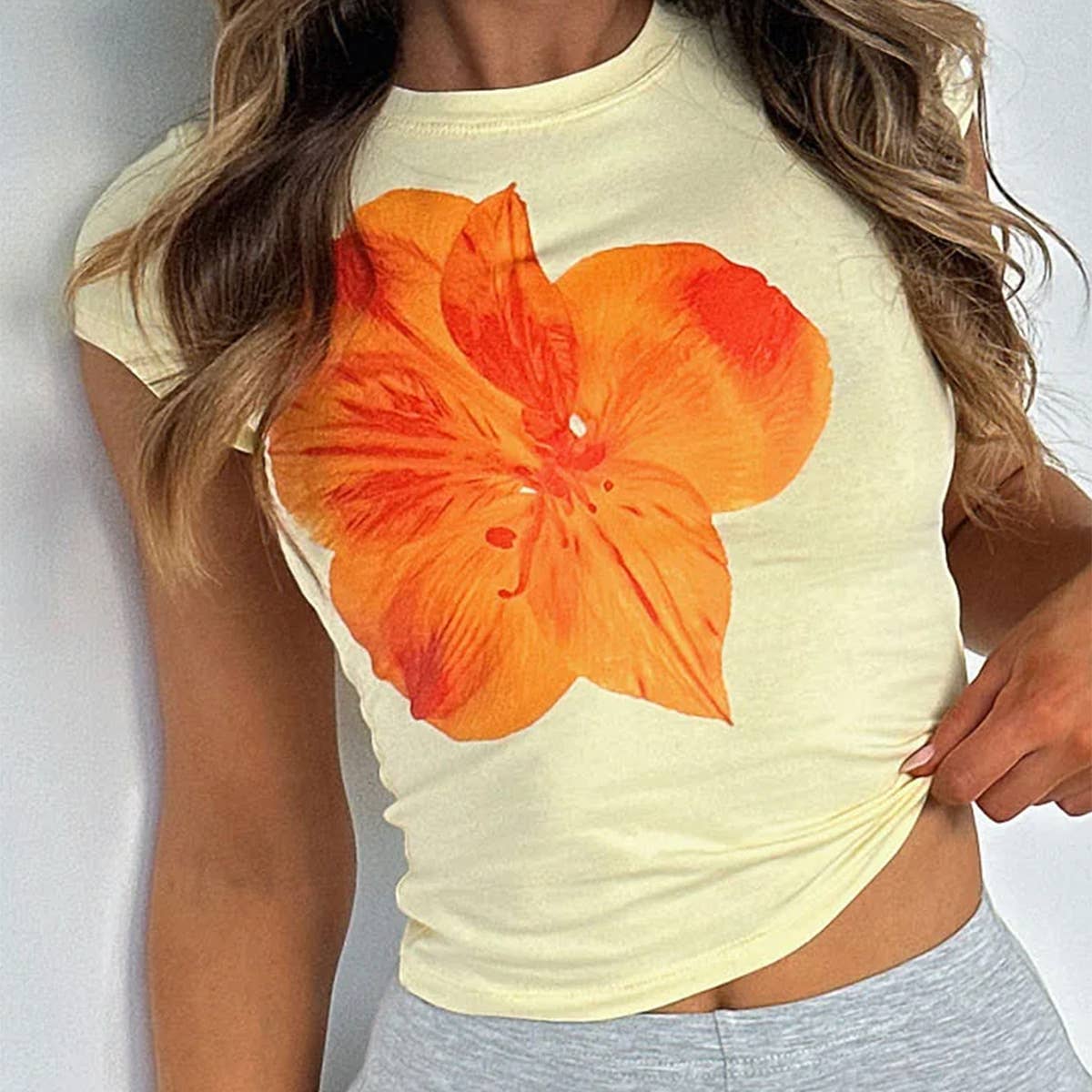 Casual slim waist floral print T-shirt