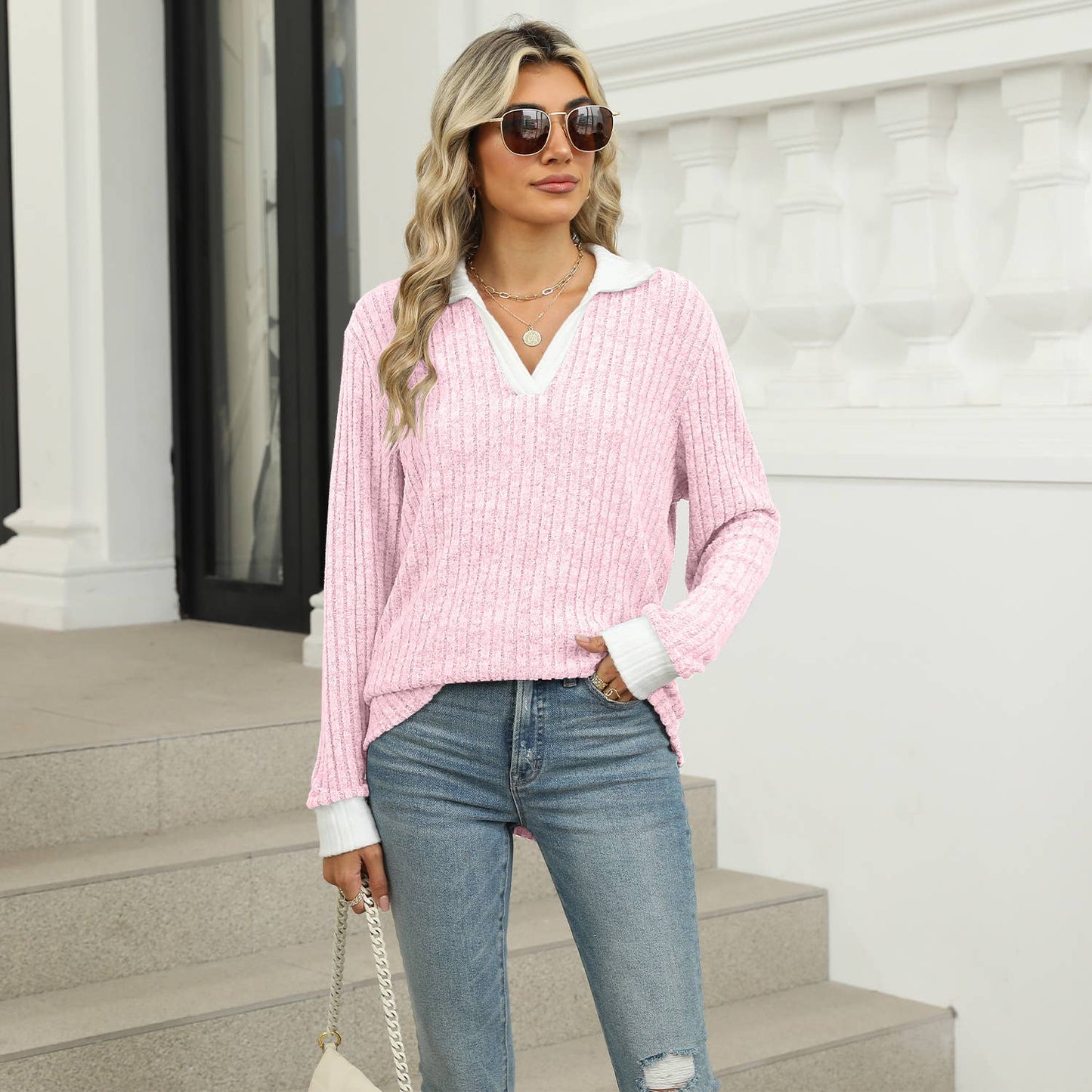 COLOR CONTRAST LAPEL LOOSE FUR PIT STRIP HOODIE