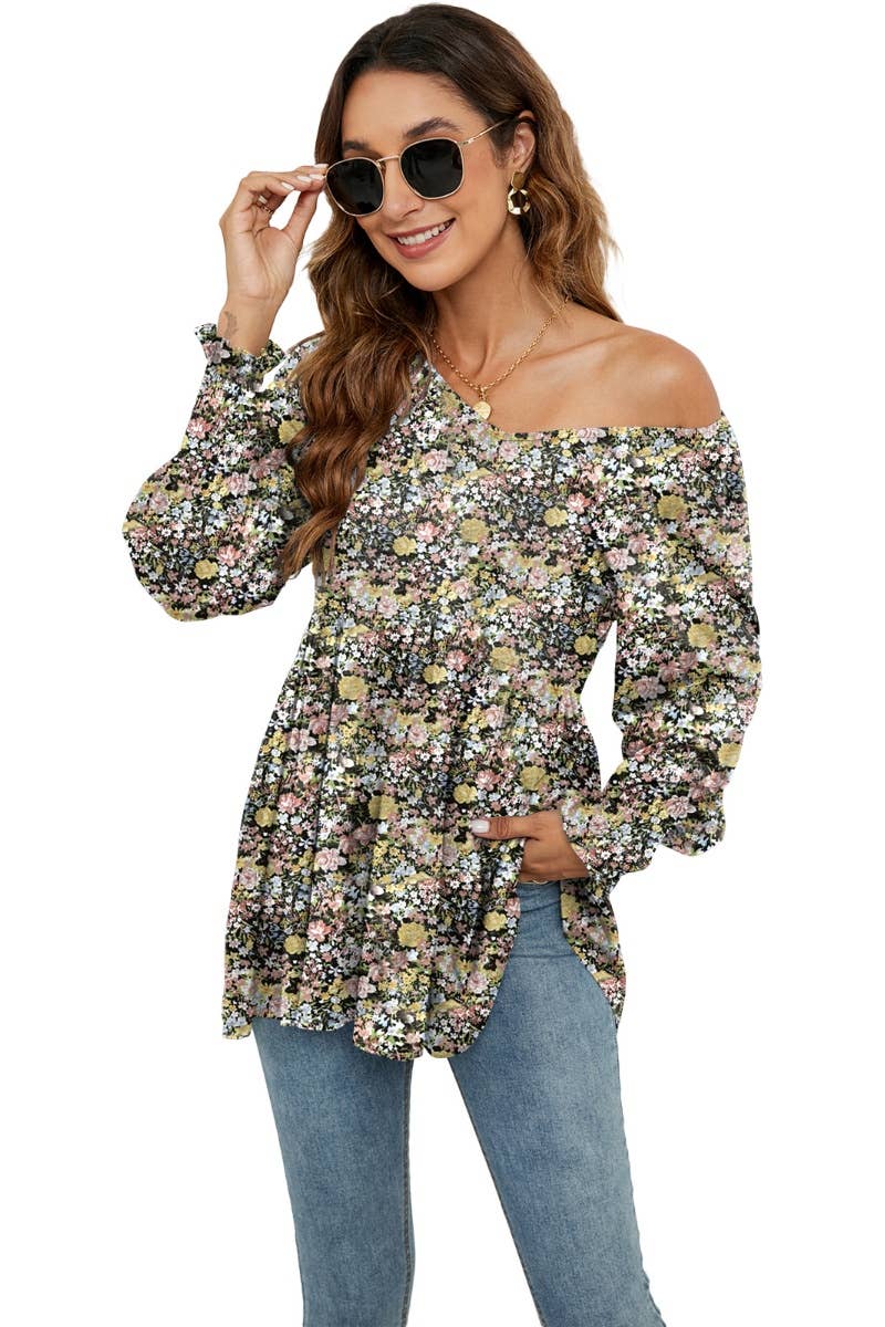 CWTBLL2935_FALL FLOWER BOUQUET WAIST PUFFY SLEEVE TOP