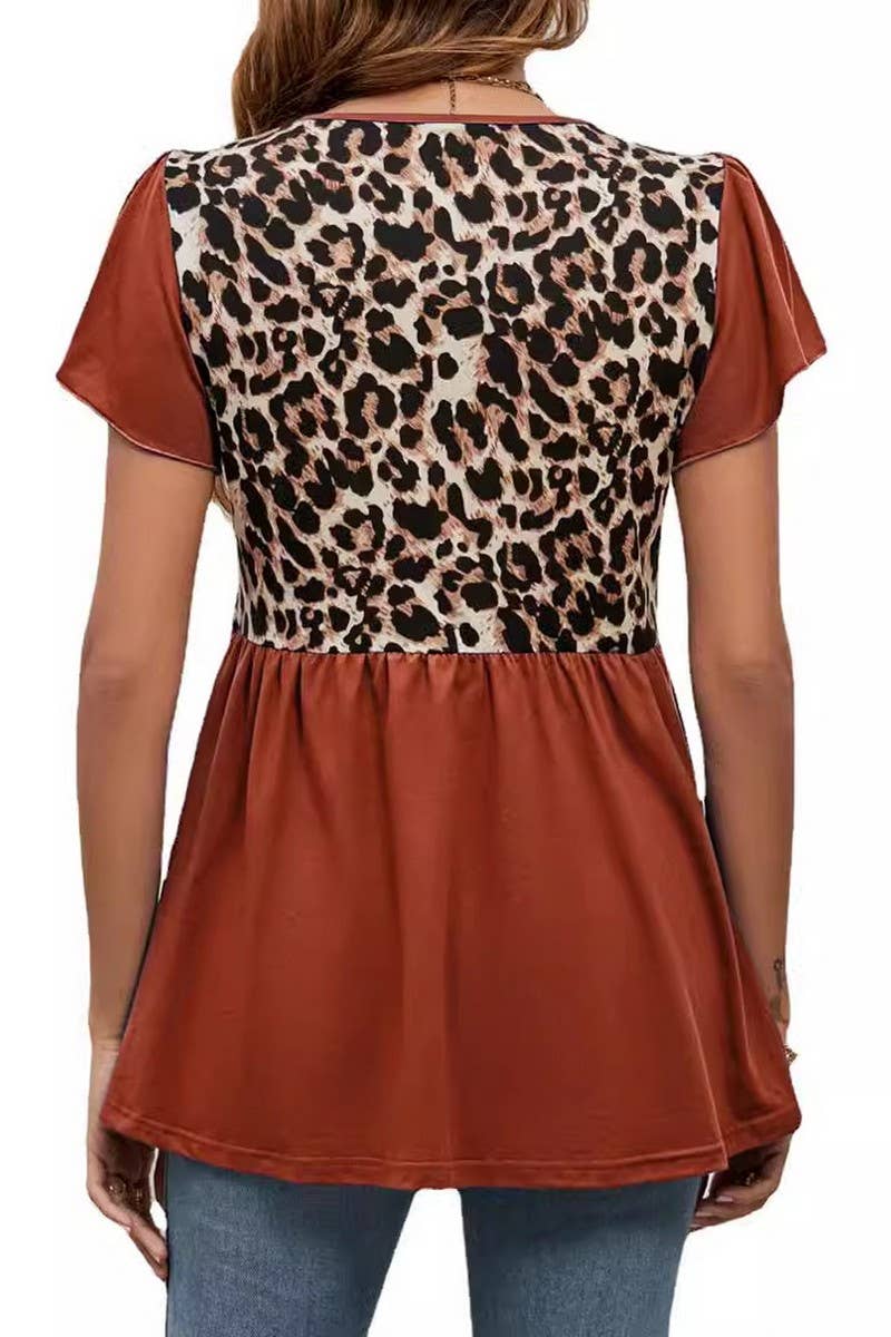 CWTBLS1805_ROUND NECK LEOPARD PRINT RUFFLE SLEEVE TOP