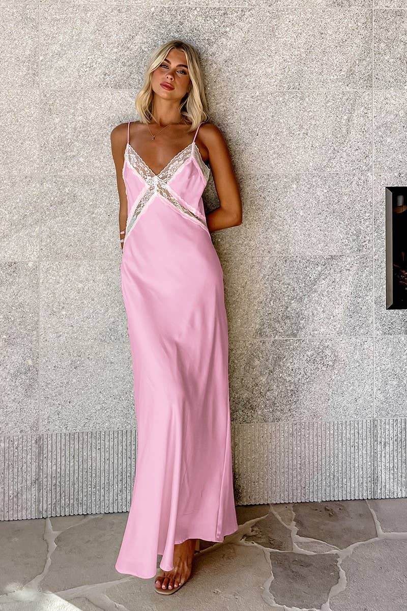 CWDMD951_SOLID COLOR V-NECK LACE SUSPENDER DRESS