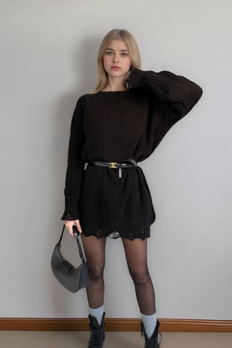 CWOSWL6950_SOLID CREWNECK LONG SLEEVE DISTRESSED HEM SWEATER