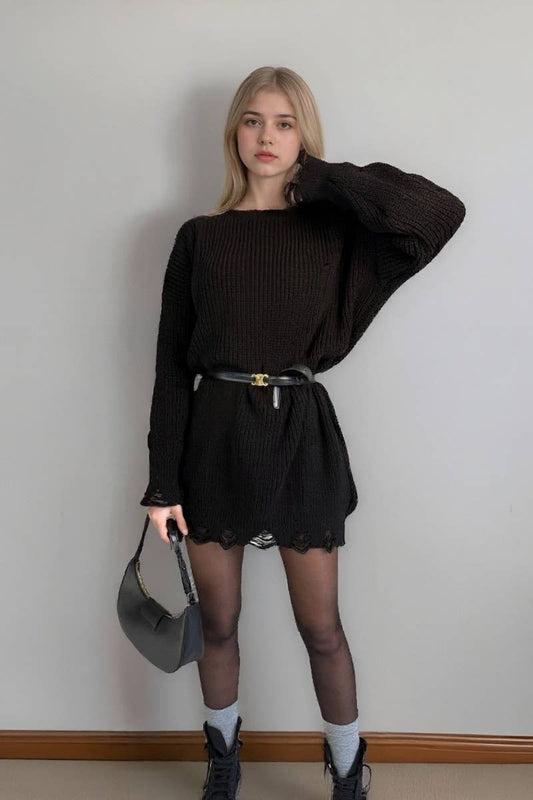 CWOSWL6950_SOLID CREWNECK LONG SLEEVE DISTRESSED HEM SWEATER