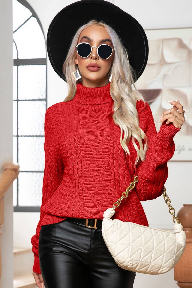 CWOSWL6862_AUTUMN AND WINTER HIGH COLLAR CABLE LOOSE SWEATER
