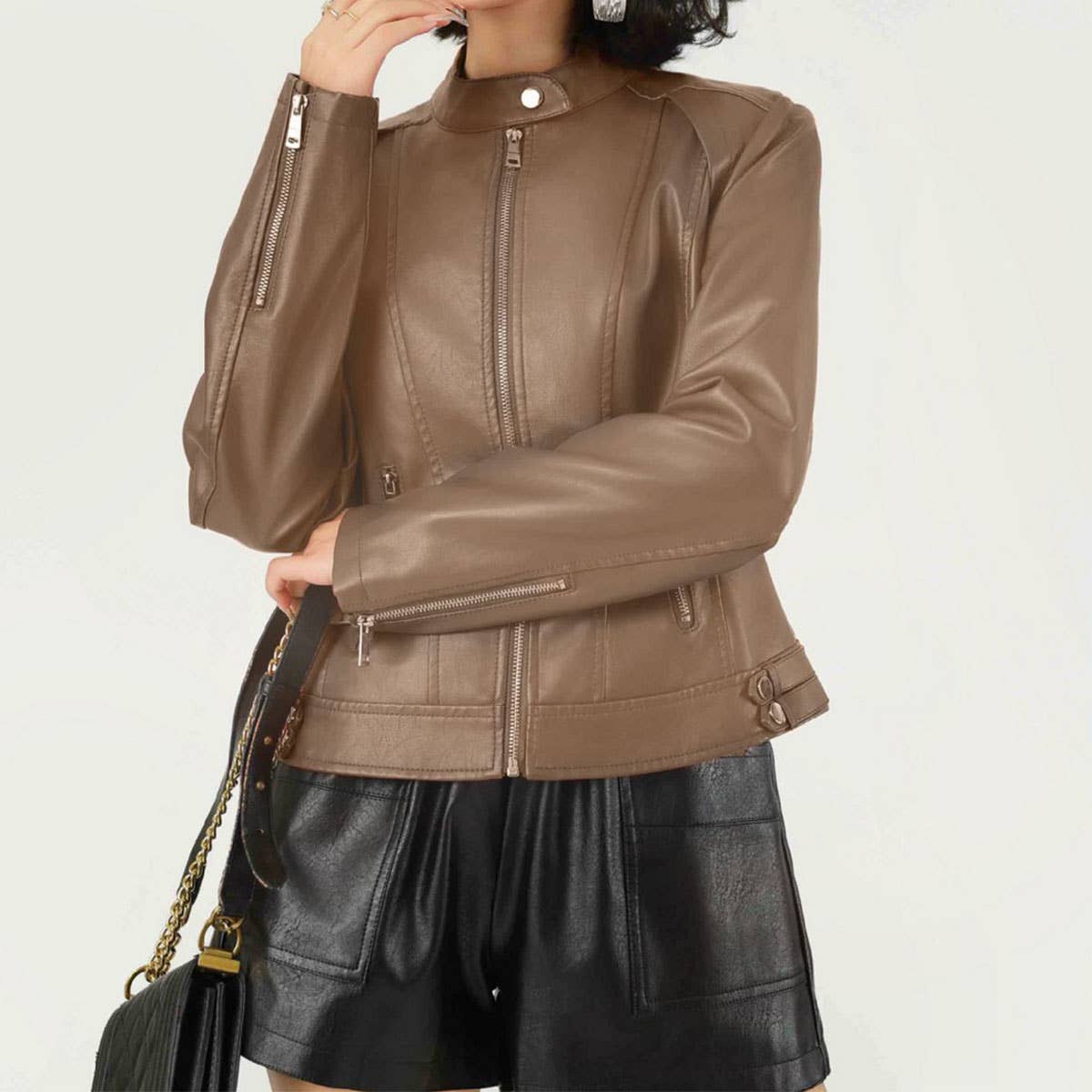 Red PU Leather Jacket ??Stand Collar Spring/Fall_CWMM9012
