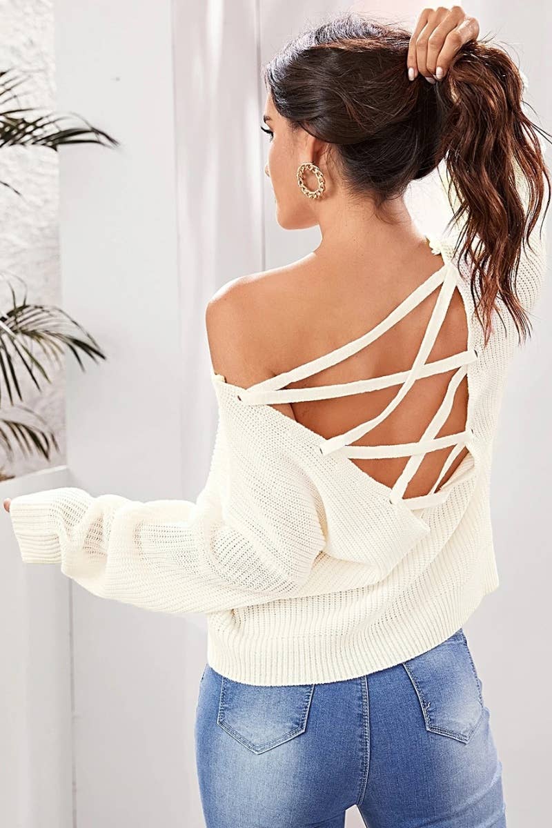 CWOSWL6250_KNIT BACKLESS V-NECK LONG-SLEEVED SWEATER