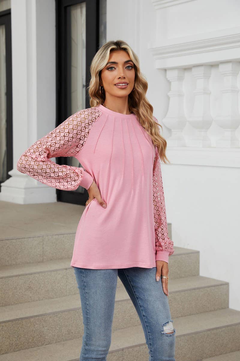 CWTBLL2349_AUTUMN AND WINTER ROUND NECK LACE CASUAL T-SHIRT