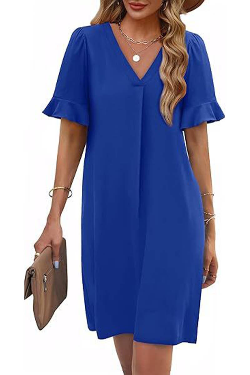 CWDSD8811_V-NECK TRUMPET SLEEVES POCKET SHORT SLEEVE DRESS
