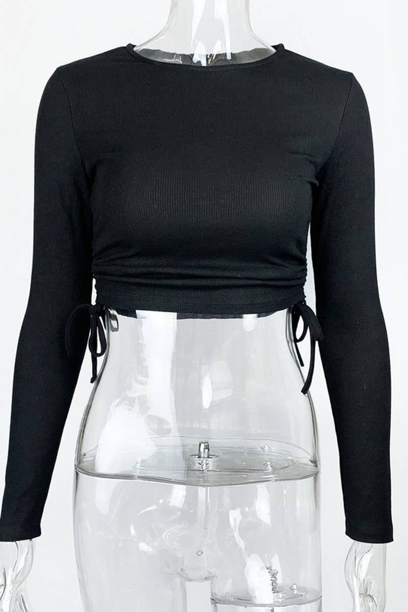 CWTBLL3778_RIBBED DRAWSTRING LONG SLEEVE T-SHIRT CROPPED TOP