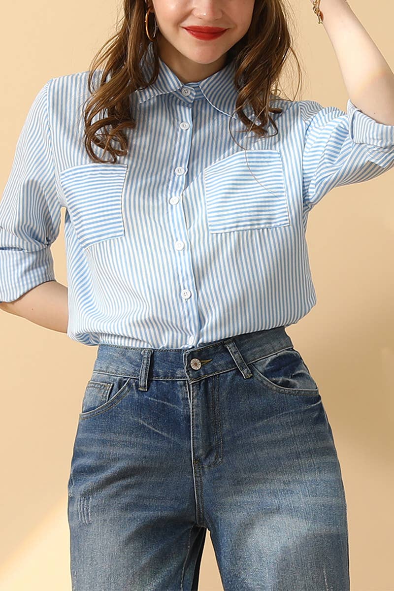 CWTSTL451_VERTICAL STRIPE BUTTON DOWN TWO POCKETS SHIRTS