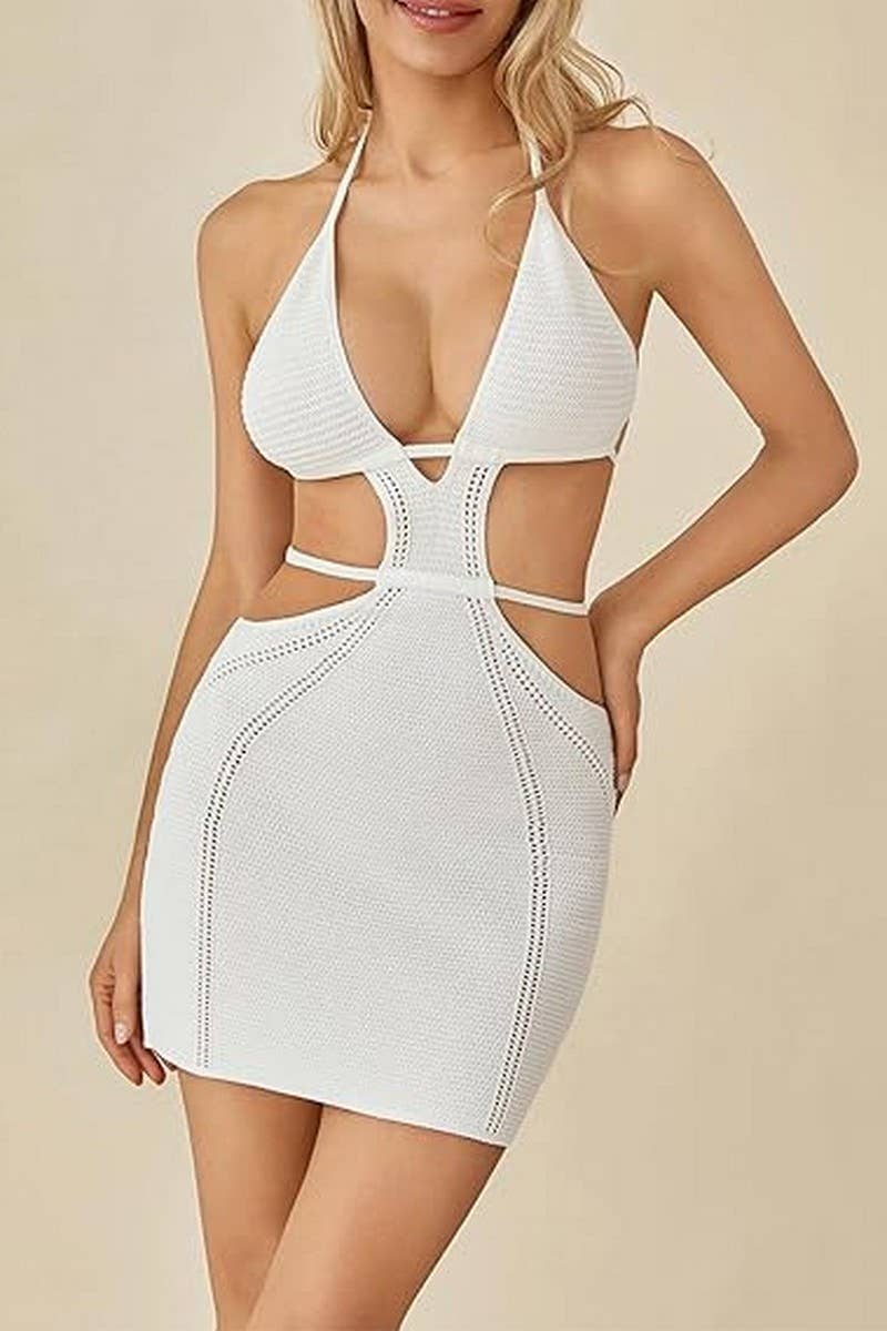 CWDSD7815_SEXY HALTERNECK HOLLOW SUSPENDER DRESS