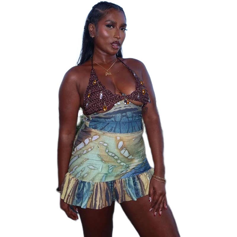 Backless Halter Neck Printed Mini Skirt