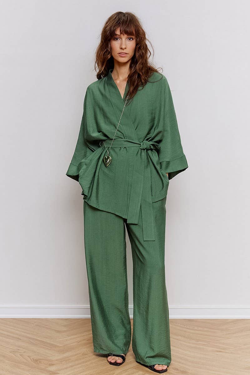 CWSPJ0215_SOLID COLOR LACE-UP NIGHTGOWN HOME WEAR TWO PIECE