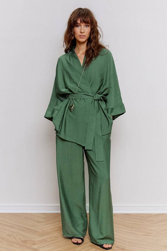 CWSPJ0215_SOLID COLOR LACE-UP NIGHTGOWN HOME WEAR TWO PIECE