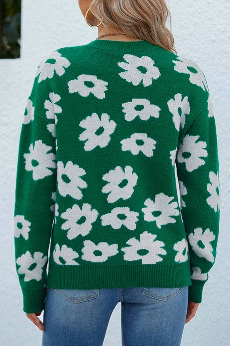 CWOSWL2938_CREW NECK PULLOVER FLORAL KNITTED SWEATER