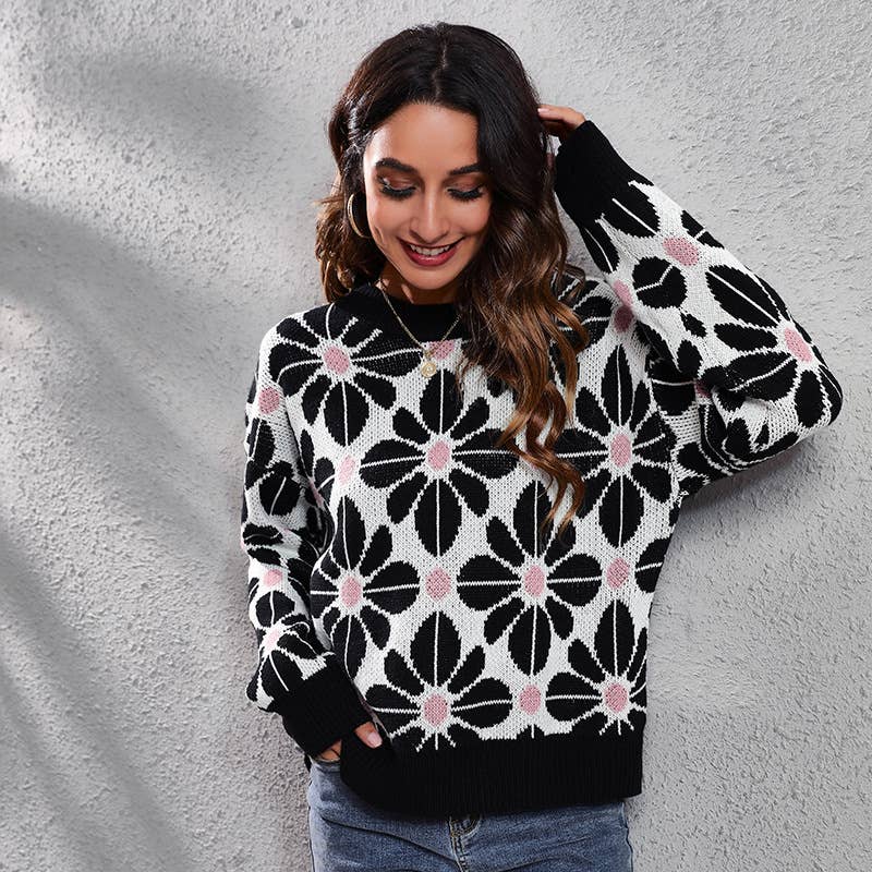 FLORAL DROP SHOULDER LONG-SLEEVED KNIT SWEATER