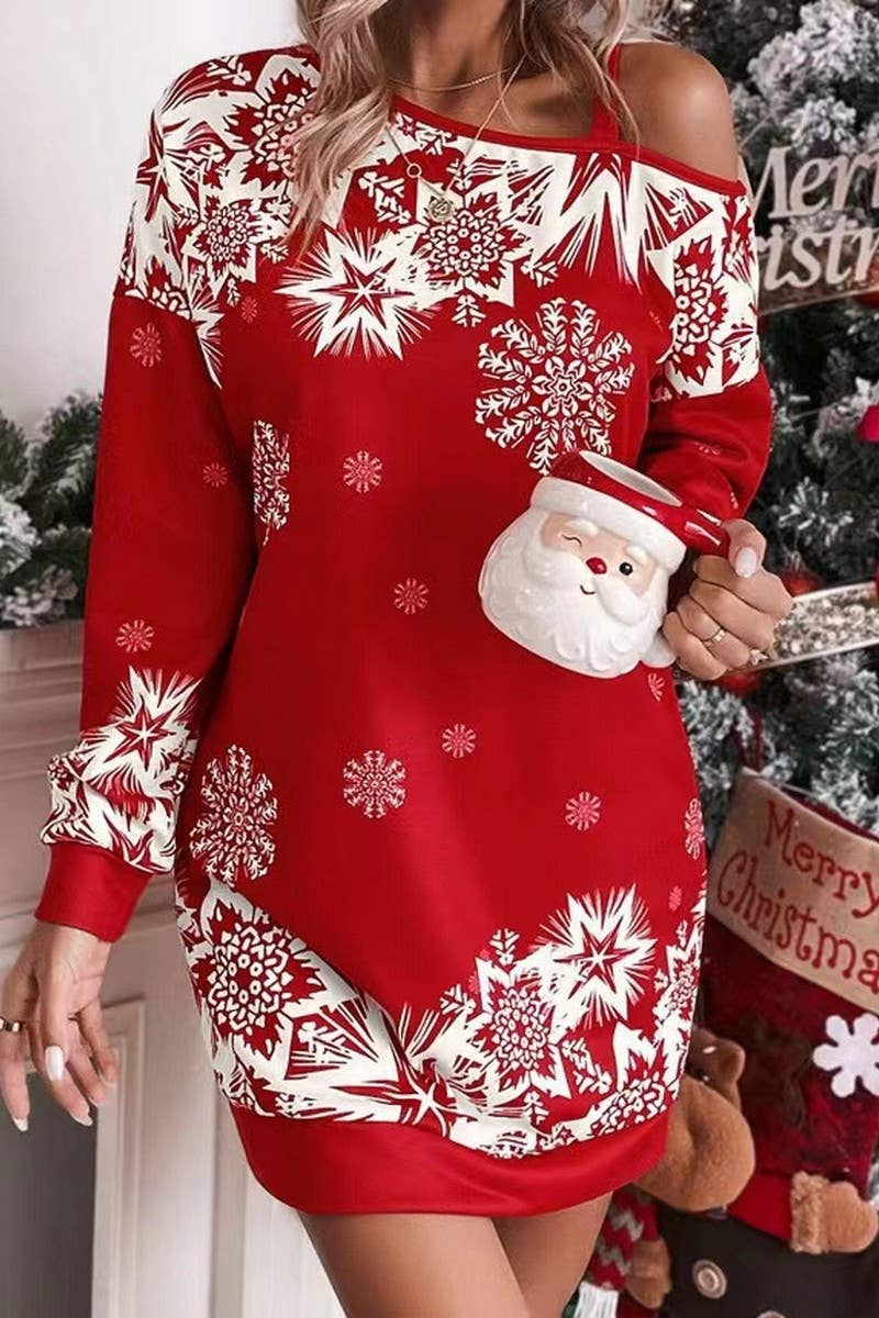 CWDSD10877_CHRISTMAS SNOWFLAKE OFF SHOULDER DRESS