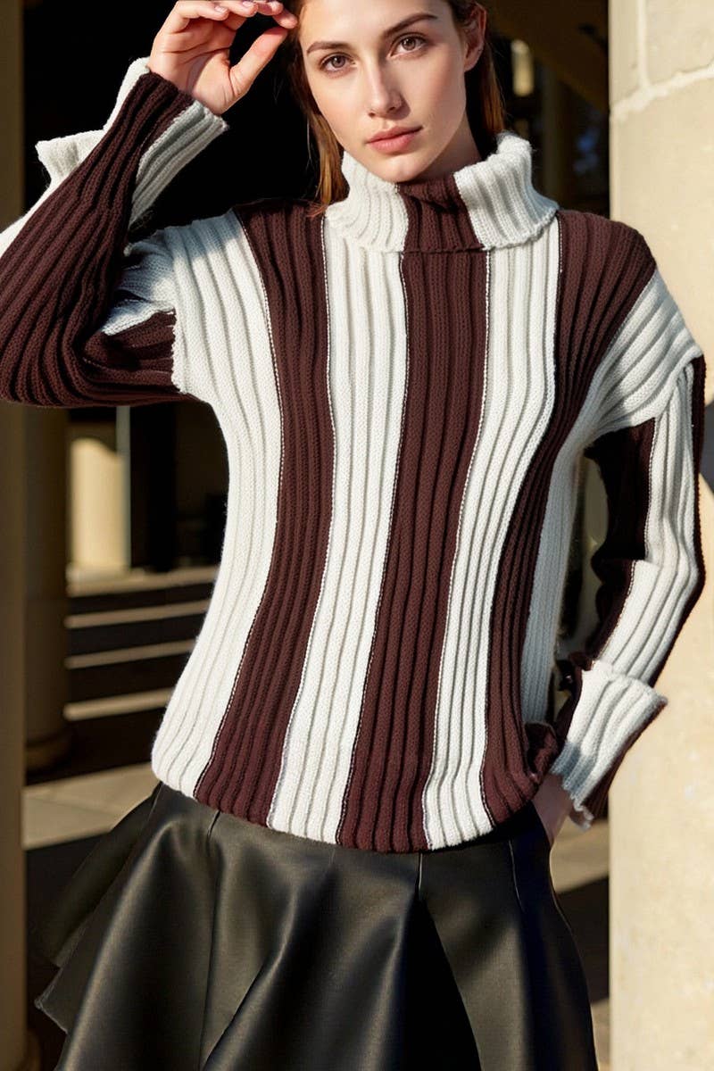 CWOSWL07083_STRIPED KNITTED HIGH-NECK LONG-SLEEVED SWEATER