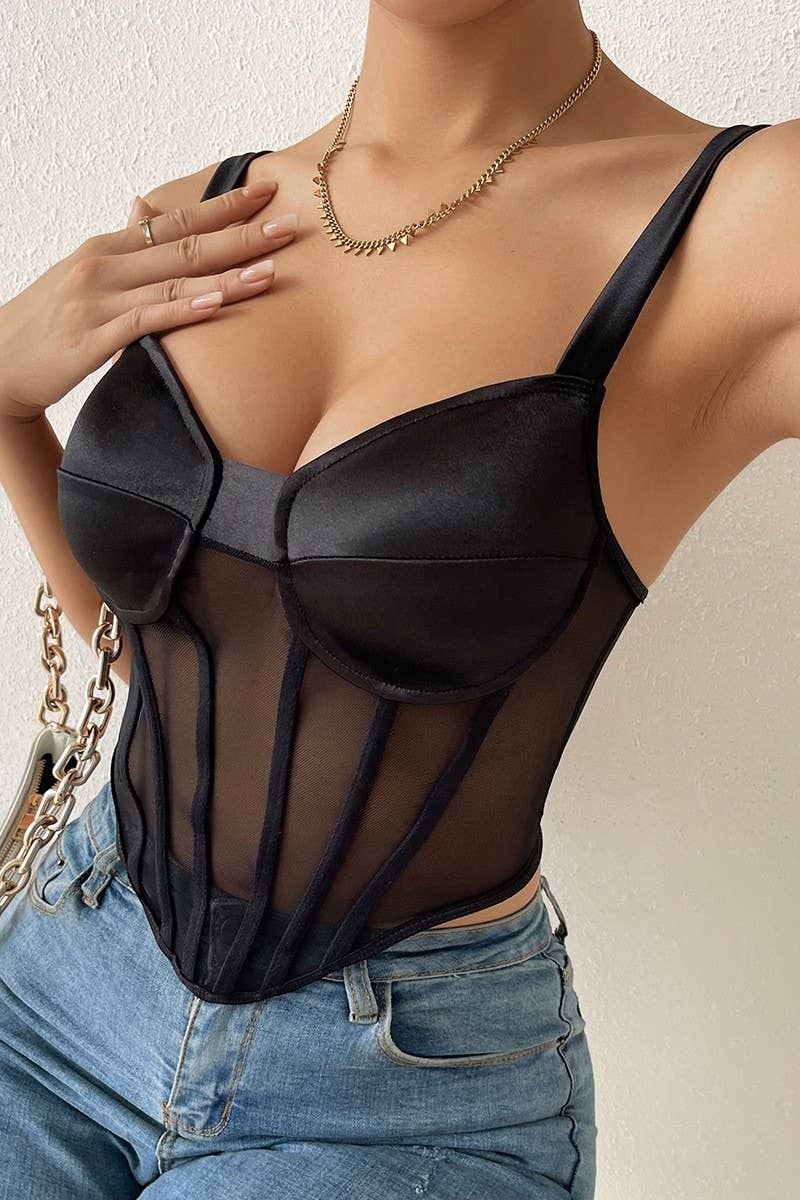 CWTHT0168_MESH SEE-THROUGH HERRINGBONE CAMISOLE TOP