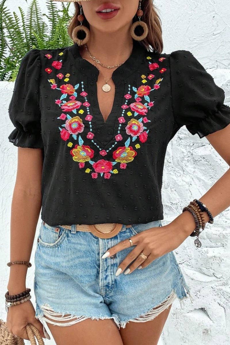 CWTBLS2270_V-NECK FLORAL EMBROIDERED PUFF SLEEVE CHIFFON TOP