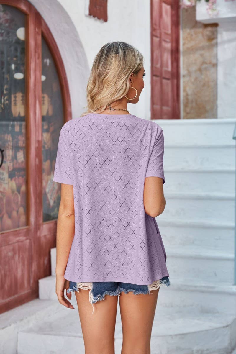 CWTBLS1113_SOLID COLOR HOLLOW CASUAL SHORT-SLEEVED CARDIGAN