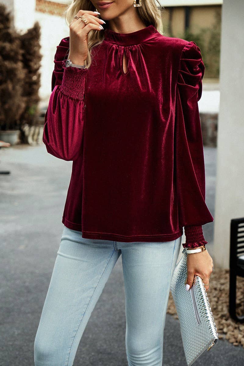 CWTBLL2790_VELVET PUFF SLEEVE TEMPERAMENT LONG SLEEVE TOP