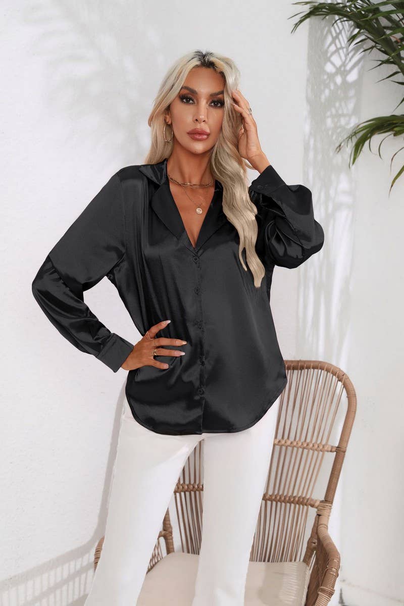 CWTBLL0693_Button Down Silky Satin Long Sleeve Top
