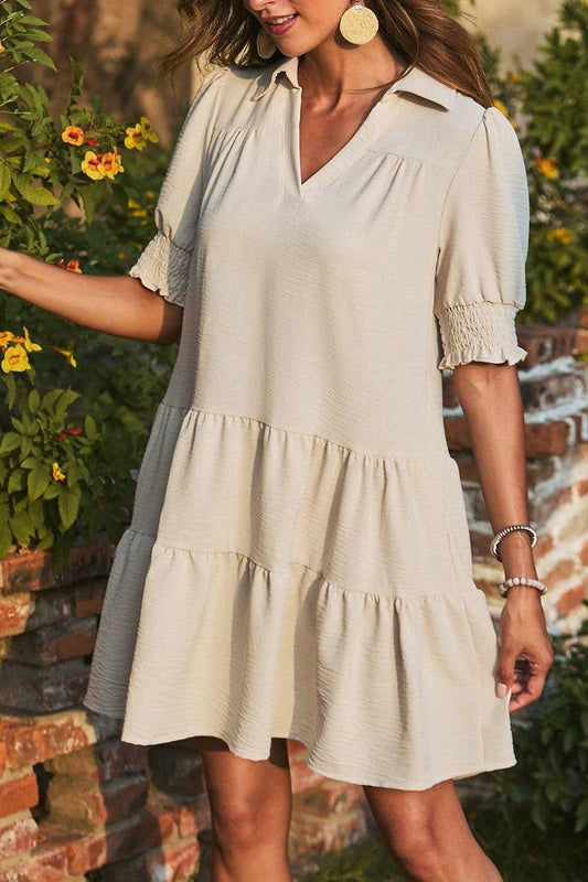 CWDSD7572_SUMMER PLEATED V-NECK SOLID COLOR SLEEVE DRESS