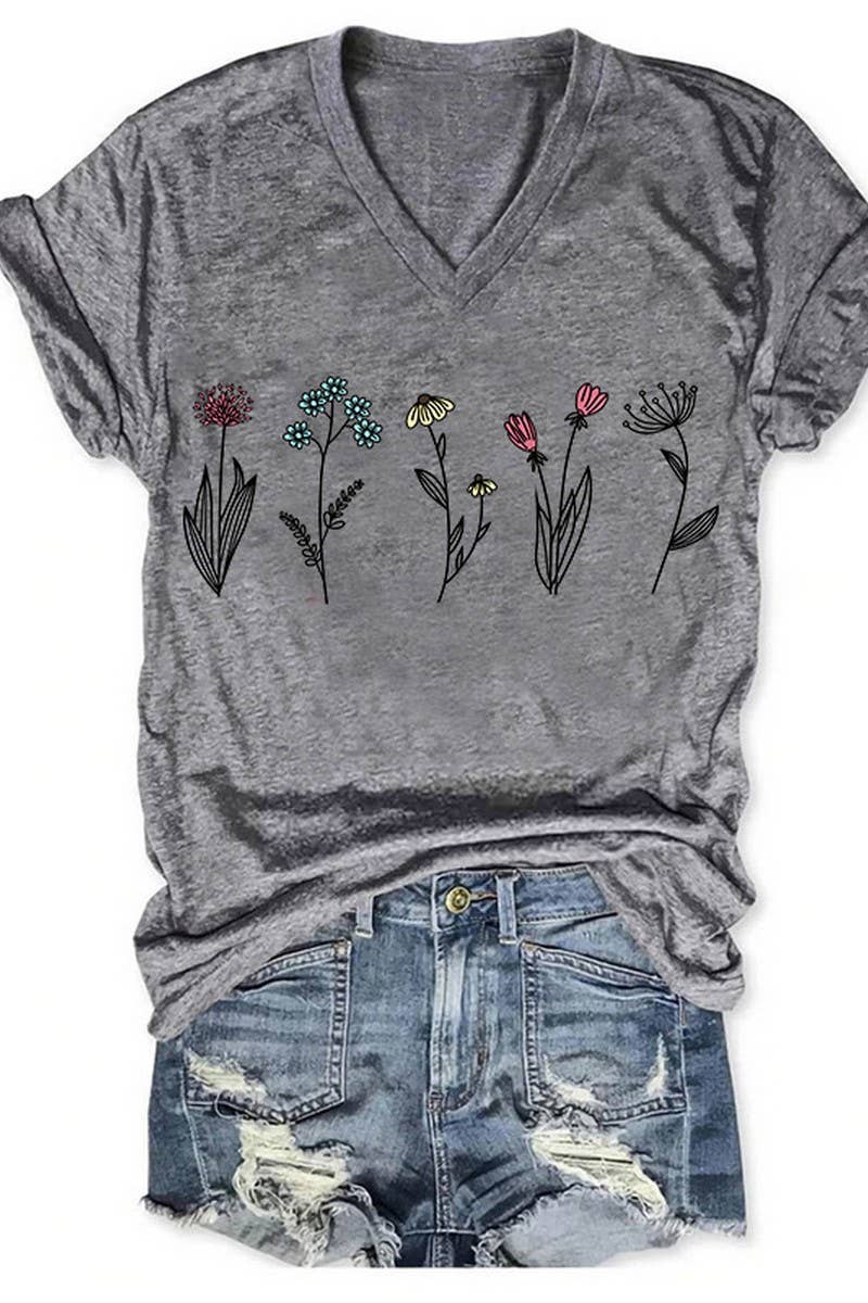 CWTTS1067_SMALL FLOWER PRINT V NECK SHORT SLEEVED T SHIRT