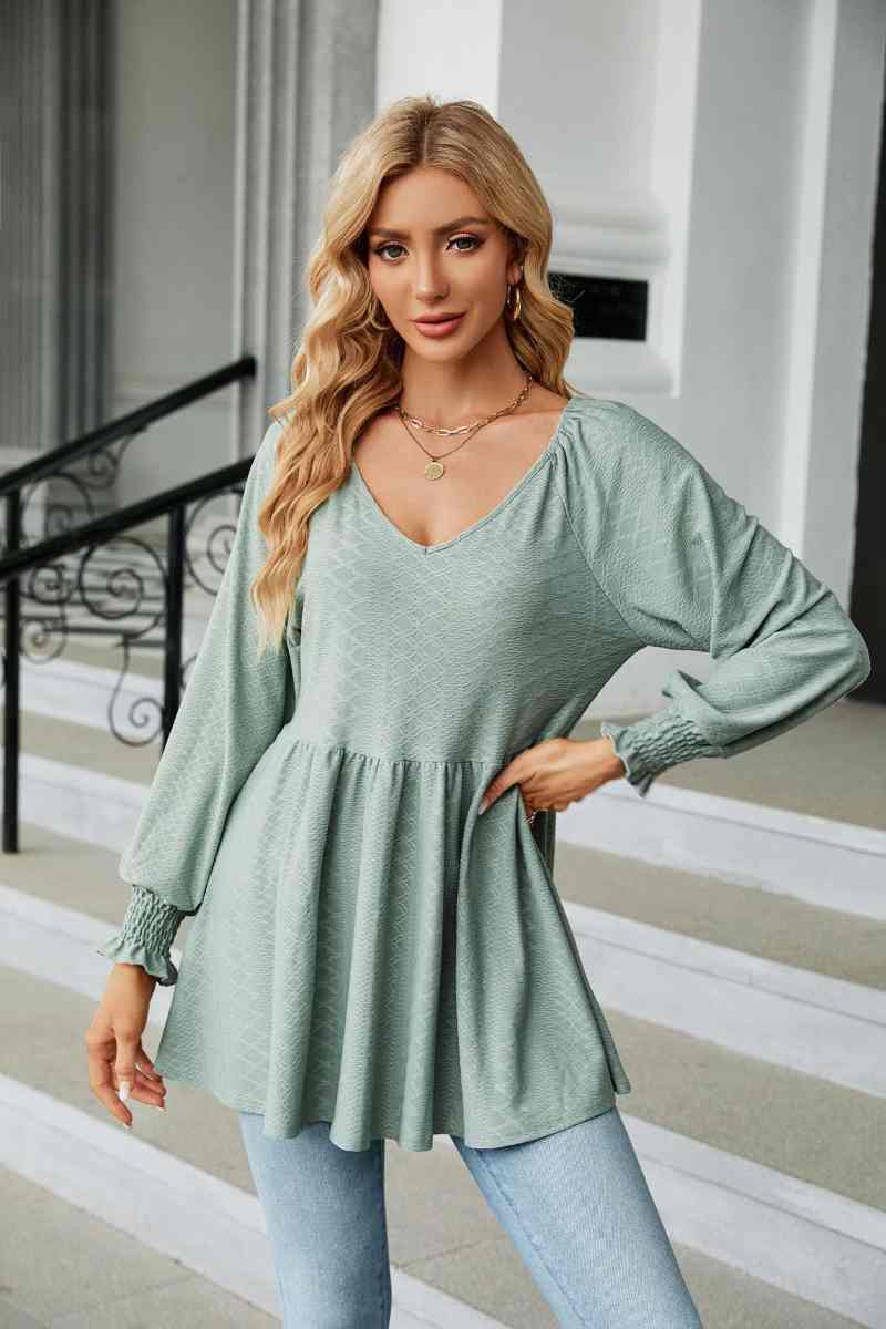 CWTBLL2836_V-NECK LONG SLEEVE PATCHWORK DRESS TOP