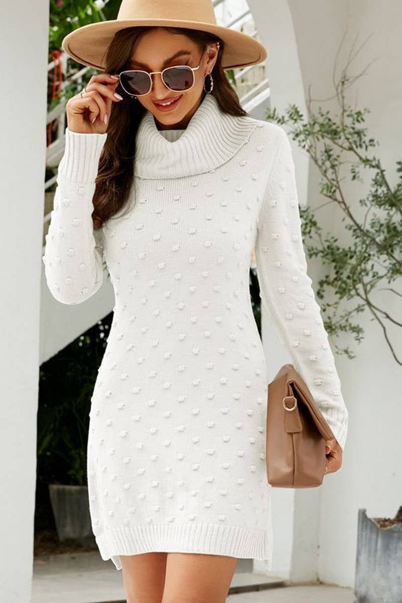 CWDSD5246_SOLID COLOR LONG HIGH COLLAR KNITTED SWEATER DRESS