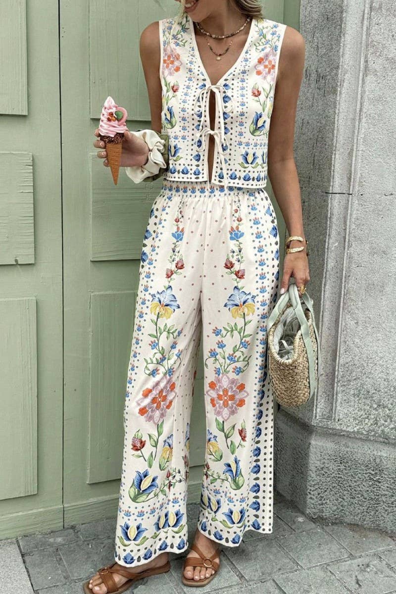 CWSTB00360_PRINTED TIE WAIST VEST & WIDE LEG PANTS SET