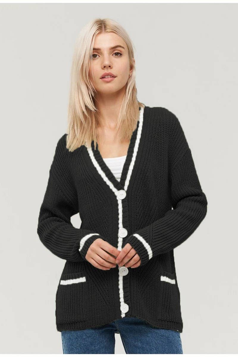 CWOCAL1619_V-NECK POCKET COLOR-BLOCK KNITTED CARDIGAN COAT