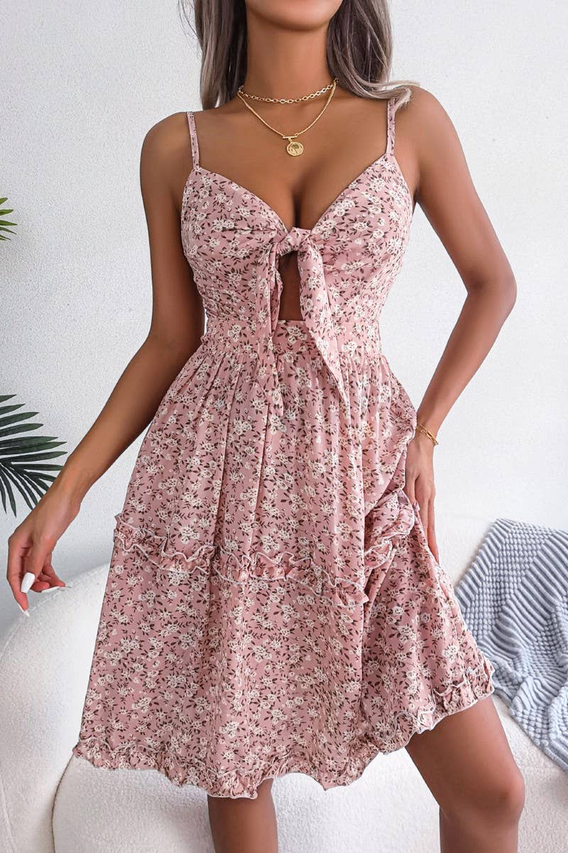 FLORAL BOW V NECK SWING DRESS_CWDSD2532