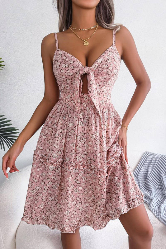 FLORAL BOW V NECK SWING DRESS_CWDSD2532