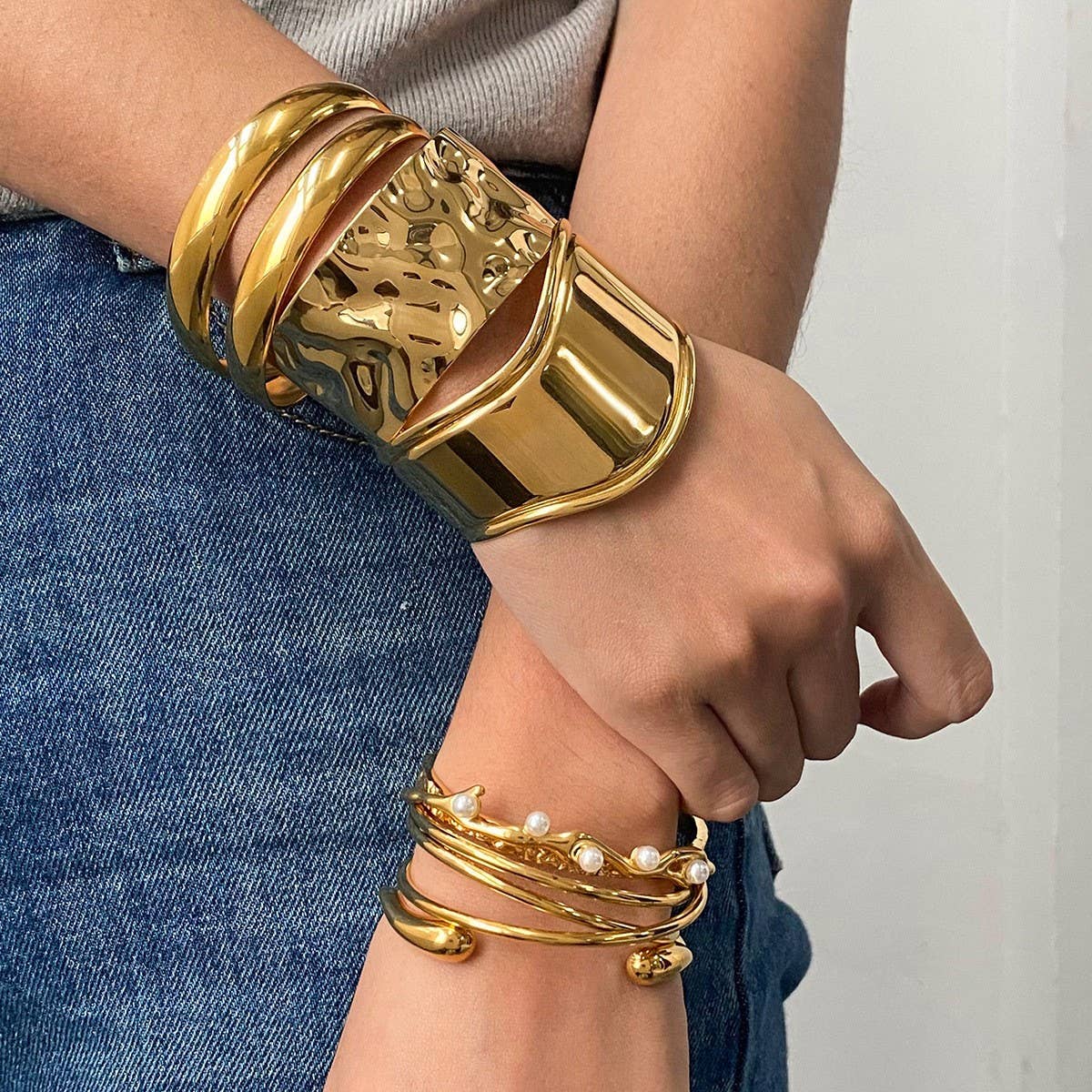 Gold Stainless Steel Pearl Open Cuff Bracelet