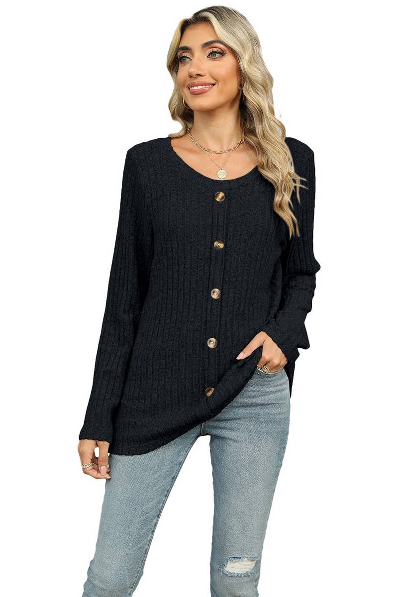 CWOSWL6831_SINGLE-BREASTED ROUND NECK LONG-SLEEVED LOOSE TOP