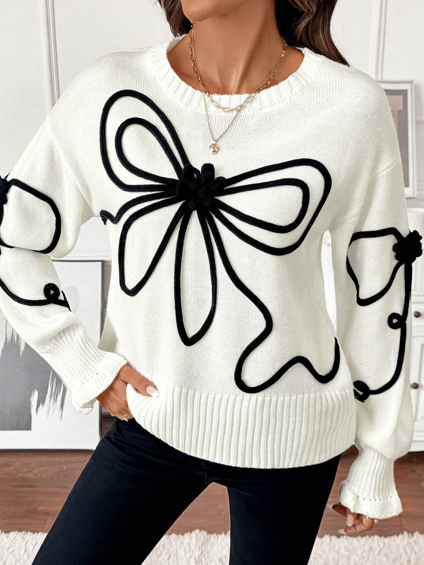Color-blocking bow pullover long-sleeved sweater