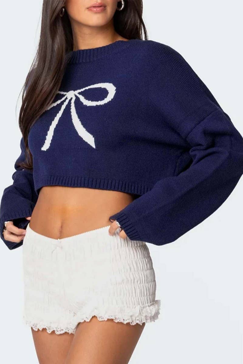 CWOSWL6868_CUTE BOW TIE CROPPED KNIT PULLOVER SWEATER