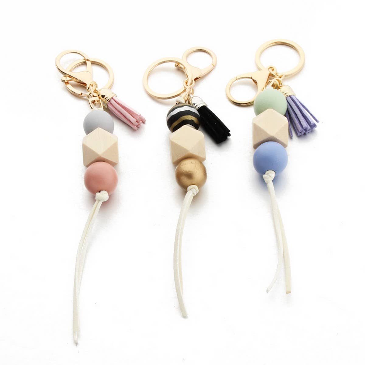 Leopard Wood Bead Keychain with Mini Tassel