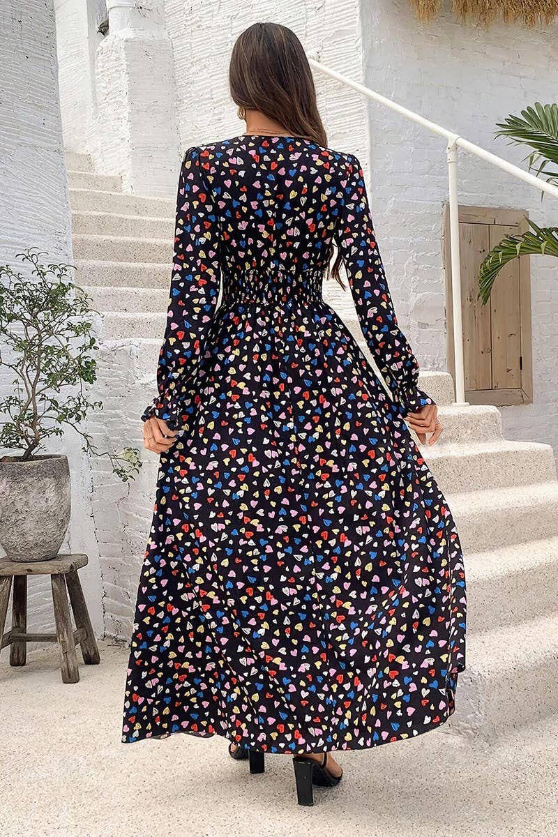 CWDMD4100_PRINTED V-NECK LONG-SLEEVED SWING DRESS