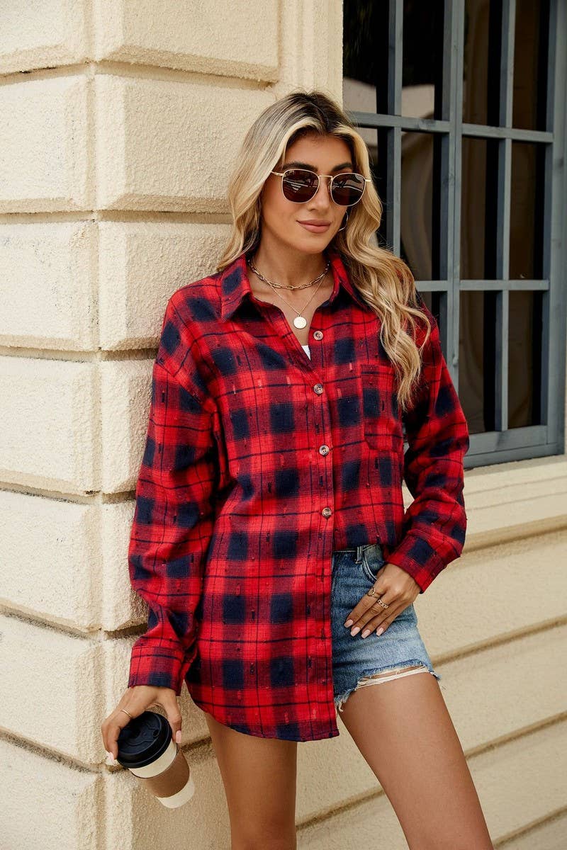 CWTSTL2063_CROCHET LONG-SLEEVED LOOSE LAPEL PLAID SHIRT