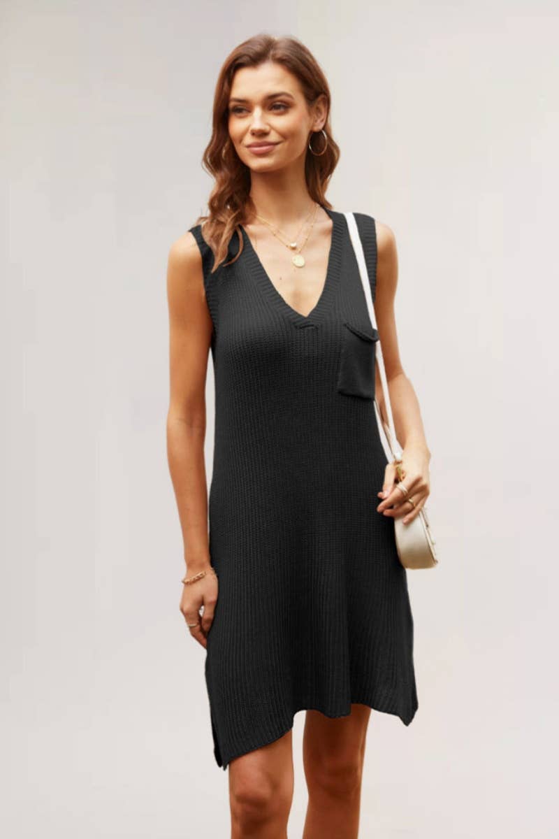 CWDSD3917_KNIT V-NECK SLEEVELESS SHORTS DRESS