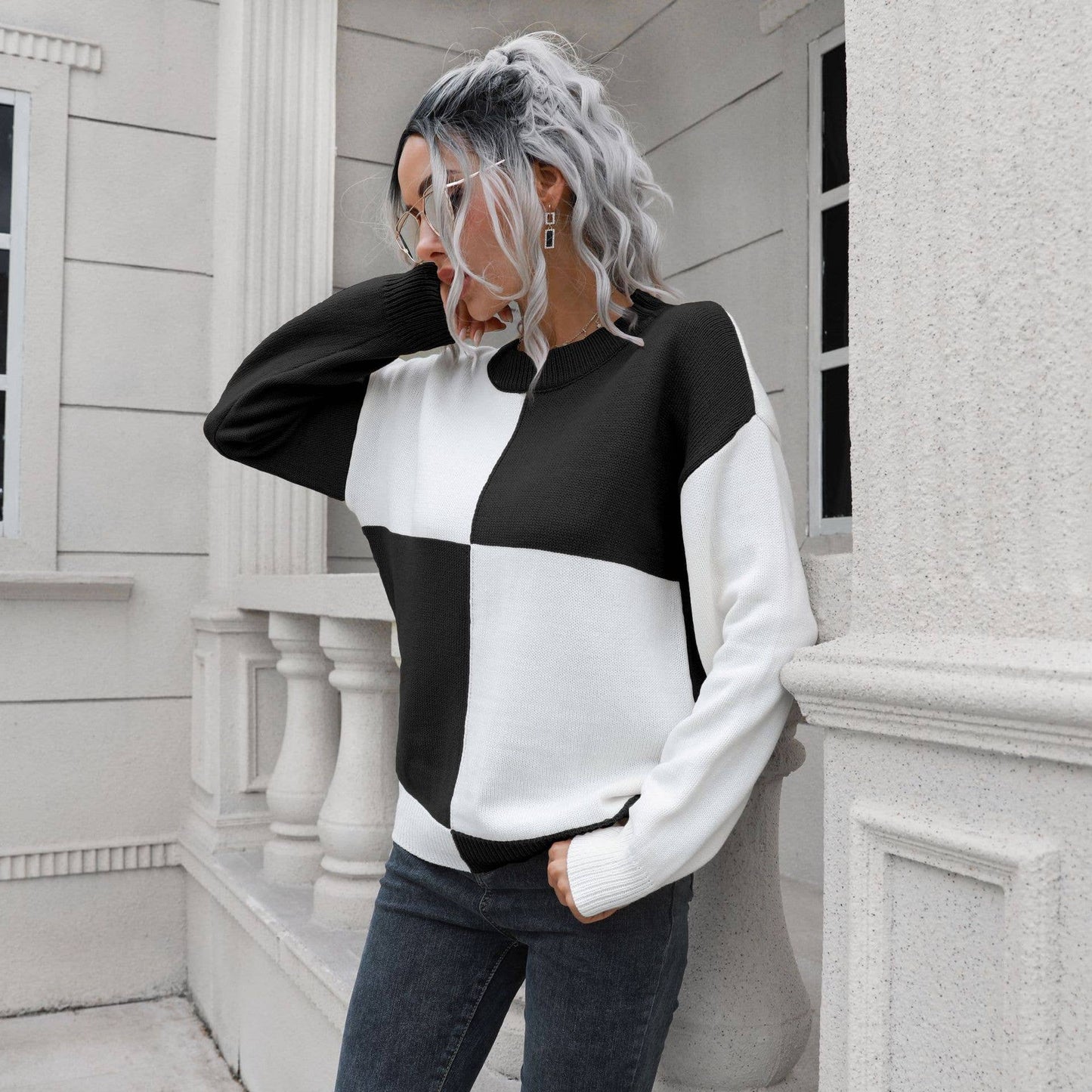 DESIGN SENSE CHECKERED LONG-SLEEVED SWEATER