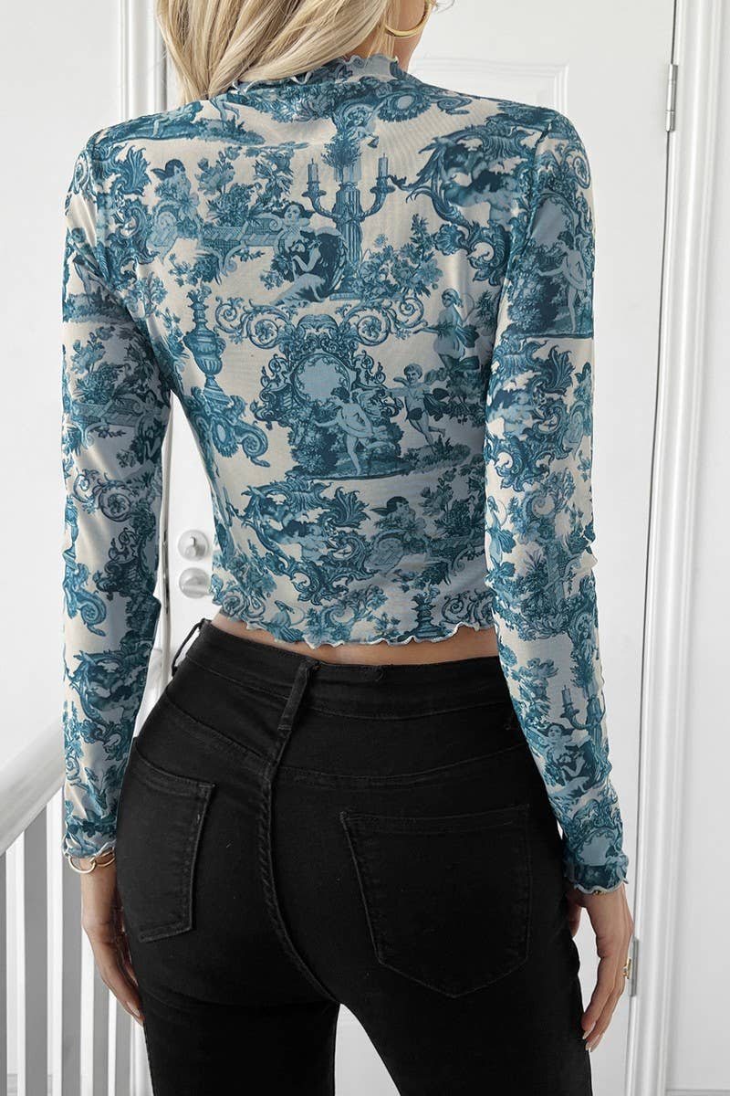 CWTBLL3932_SHEER BLUE PRINT MOCK NECK MESH CROP TOP