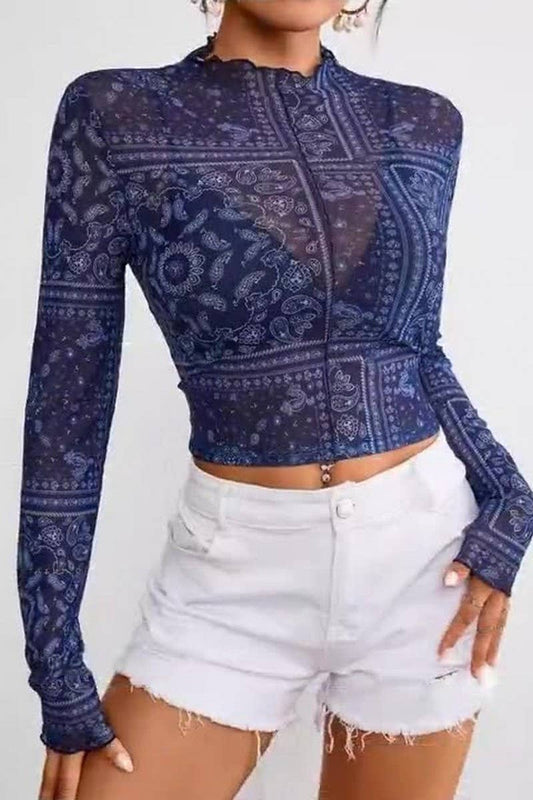 CWTBLL3509_MESH PRINT STAND COLLAR LONG SLEEVE CROPPED TOP