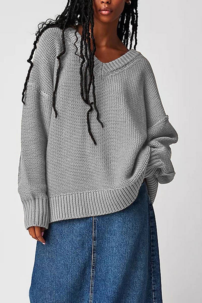 CWOSWL6848_WINTER V-NECK LOOSE FASHION PULLOVER SWEATER