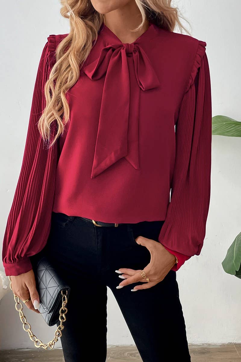 CWTBLL3701_TEMPERAMENT BOW TIE COLLAR LANTERN SLEEVE SHIRT