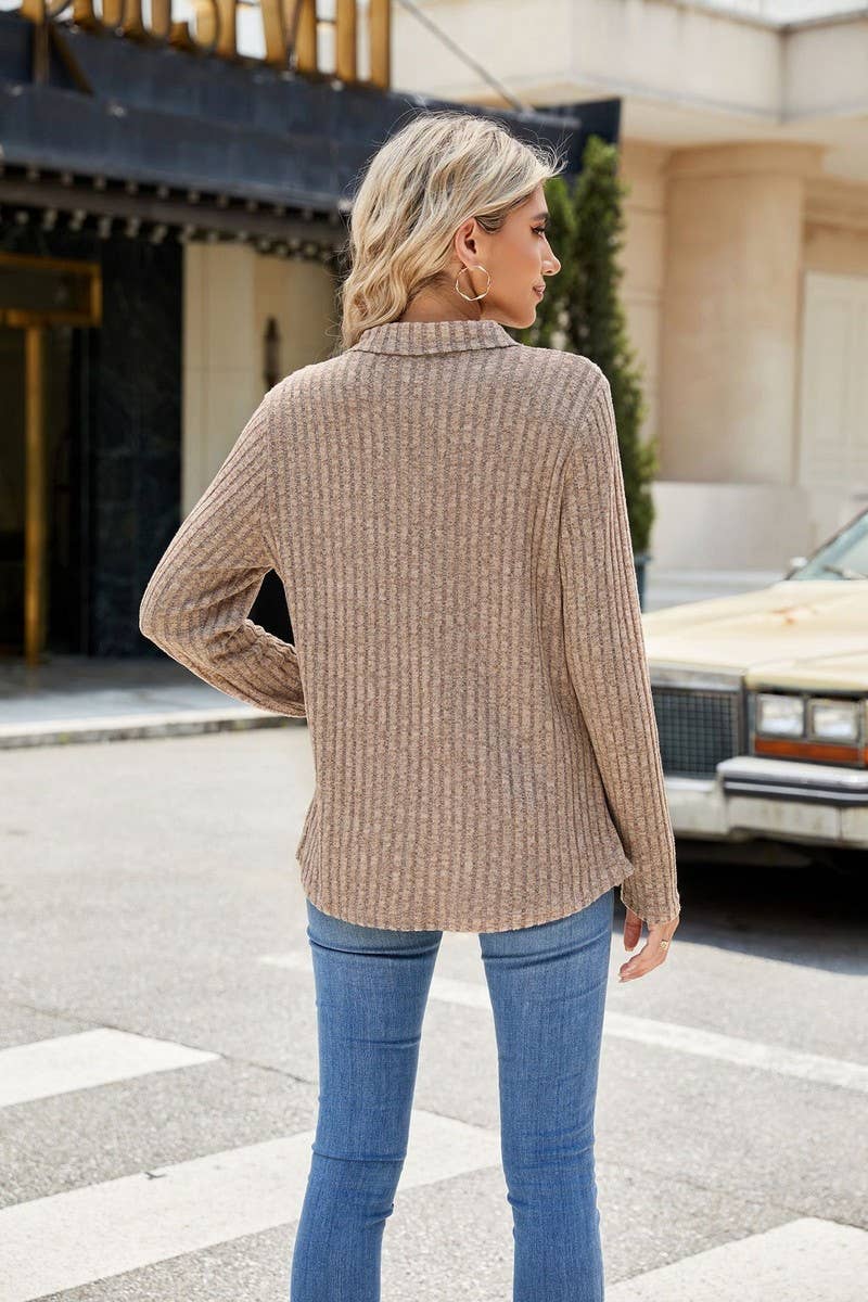 CWTBLL2329_SOLID COLOR LAPEL POCKET LONG SLEEVE LOOSE TOP