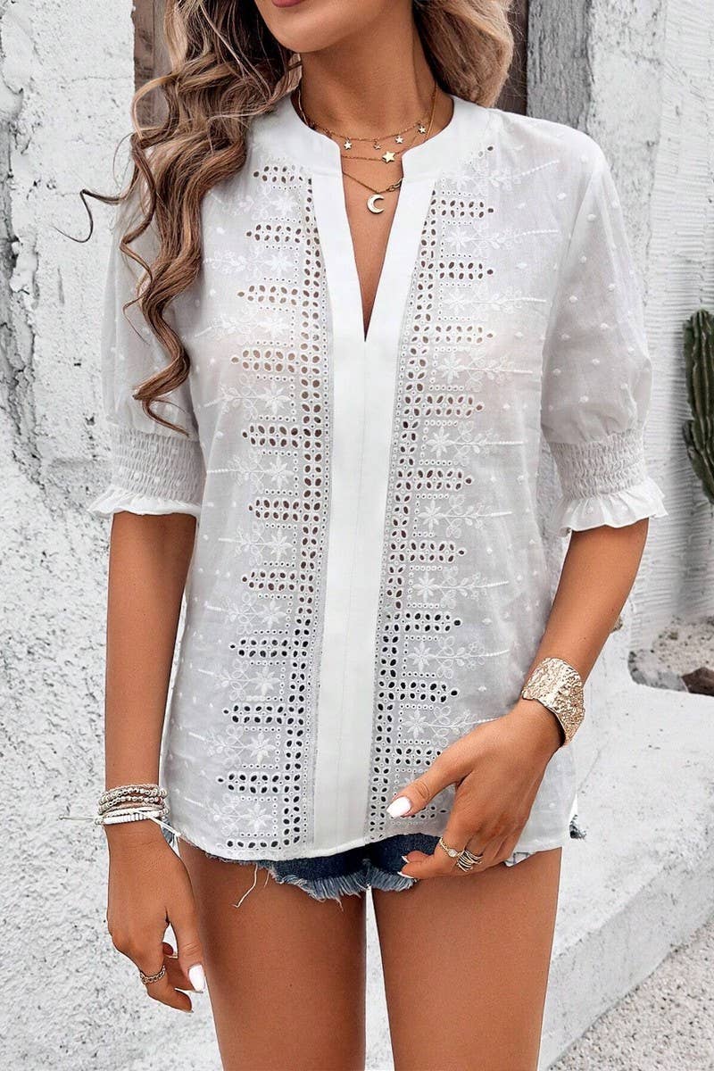 CWTTS1388_V-NECK PUFF SLEEVES HOLLOW POMPOM LACE T-SHIRT